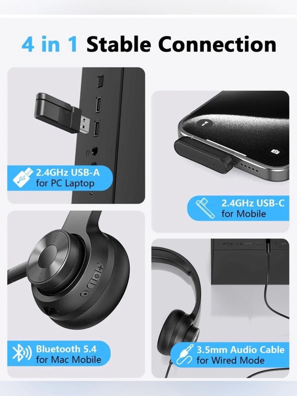 Wireless Headset with Mic for Work, Bluetooth 5.4 Office Headset